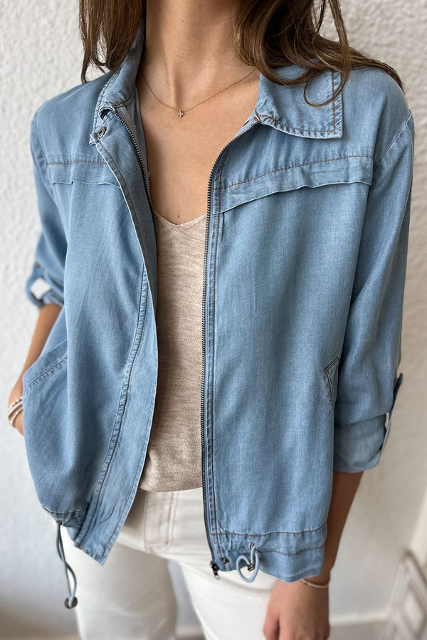 Dusk Blue Full Zipper Collared Drawstring Hem Tab Sleeve Denim Jacket