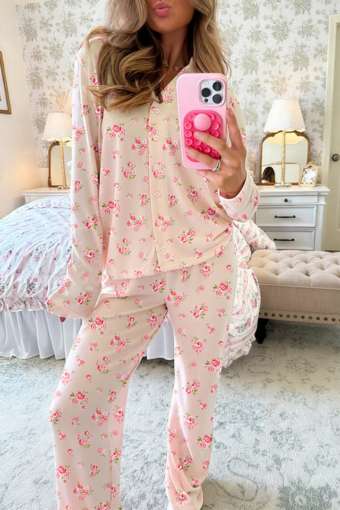 Pink Floral Button up Long Sleeve Pajama Set