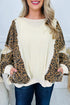 Beige Raw Seam Color Block Leopard Patchwork Baggy Long Sleeve Top