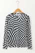 Black Checkered Pattern Mesh Mock Neck Long Sleeve Top