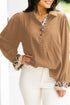 Camel Contrast Leopard Print Patchwork Polo Collar Buttons Front Ruffled Long Sleeve Blouse
