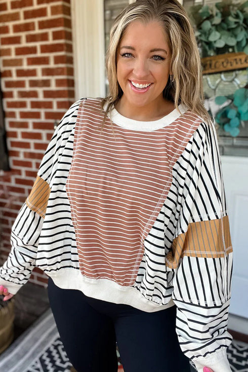 Pink Striped Color Block Patchwork Exposed Seam Oversize Long Sleeve Top
