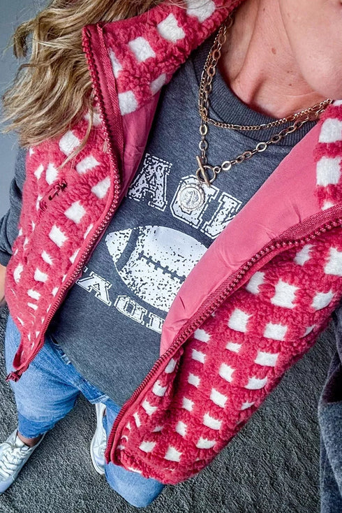 Red Checkered Texture Plush Zip Up Winter Vest