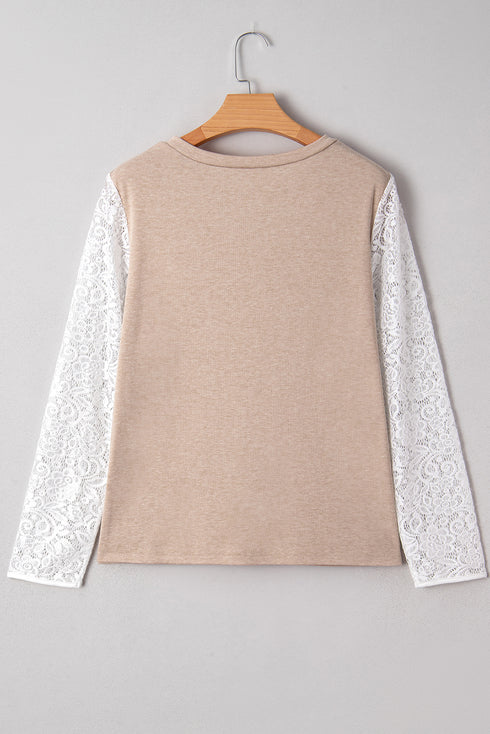 Oatmeal V Neck Contrast Lace Patchwork Long Sleeve Top