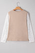 Oatmeal V Neck Contrast Lace Patchwork Long Sleeve Top