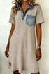 Beige Short Sleeve Ribbed Knit Denim Patchwork Polo Collar Dress