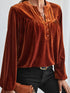 Gold Flame Lantern Sleeve Beaded Split V Neck Velvet Top
