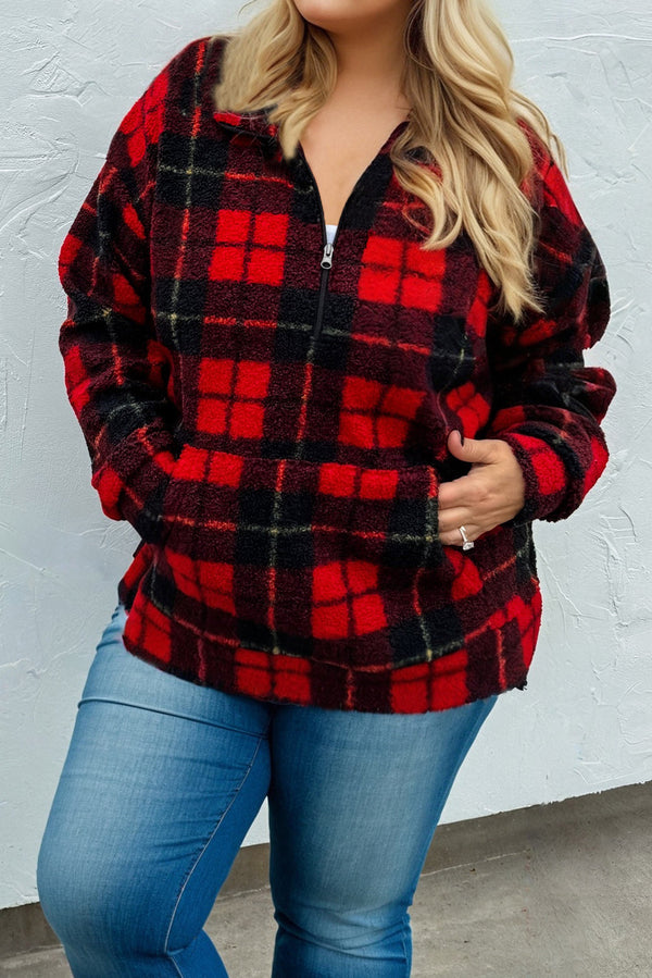 Red Plaid Print Collar Half Zip Plus Size Fleece Sweatshirt