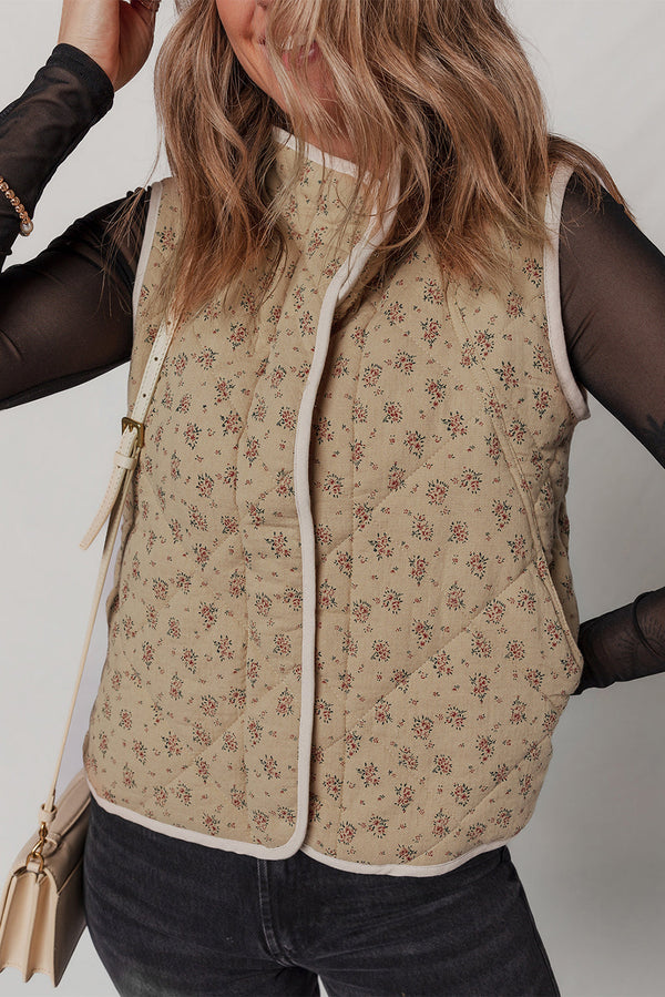 Khaki Floral Print Quilted Concealed Button Vest