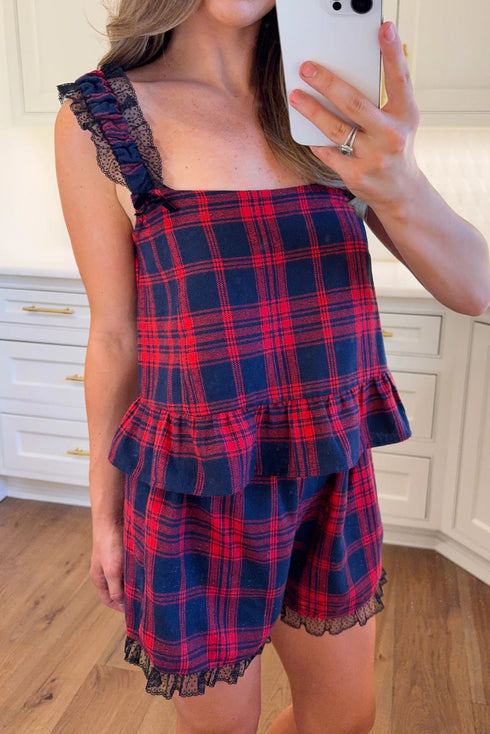 Red Plaid Print Lace Trim Flounce Hem Tank Loose Shorts 2pcs Pajama Set