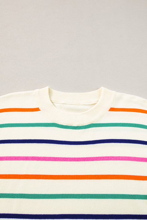 Beige Stripe Dropped Short Sleeve Boxy Fit Knitted Top