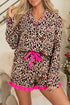 Light French Beige Leopard Print Contrast Trim Long Sleeve Shirt Drawstring Ruffle Hem Short Set