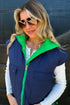 Green Color Block Liner Patchwork Snap Button Zip Up Winter Vest
