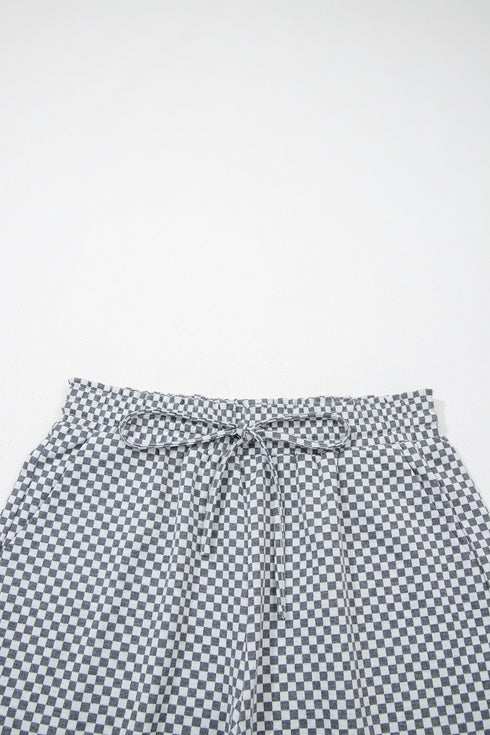 Gray Checkerboard Print Drawstring Elastic Waist Pocketed Shorts