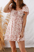 Pink Front Tie Shirred Waist Short Sleeve Ruffled Floral Mini Dress