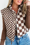 Brown Mixed Checkerboard Stitched Zip Up Stand Neck Snap Button Vest