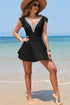 Black Ruffled Short Sleeve Lace Trim V Neck One Piece Swim Dress