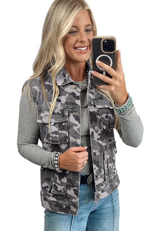 Gray Camo Cargo Denim Vest