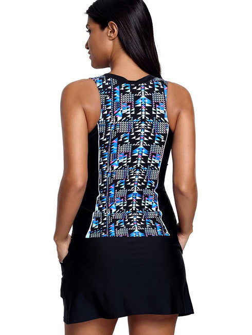 black-geometric-print-sleeveless-zipper-racer-back-pocket-tankini-set