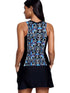 black-geometric-print-sleeveless-zipper-racer-back-pocket-tankini-set
