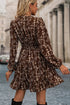 Brown Ditsy Floral Print Split Neck Long Sleeve Shirred Waist Flared Mini Dress