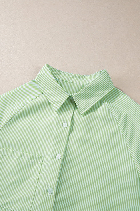 Grass Green Striped Shirred Cuff Buttoned Loose Fit Shirt