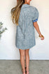 Blue Leopard Print Contrast Striped Trim Polo Collar Short Sleeve Dress with Pockets