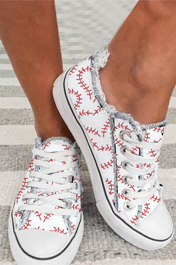 White Baseball Seam Printed Frayed Canvas Shoes
