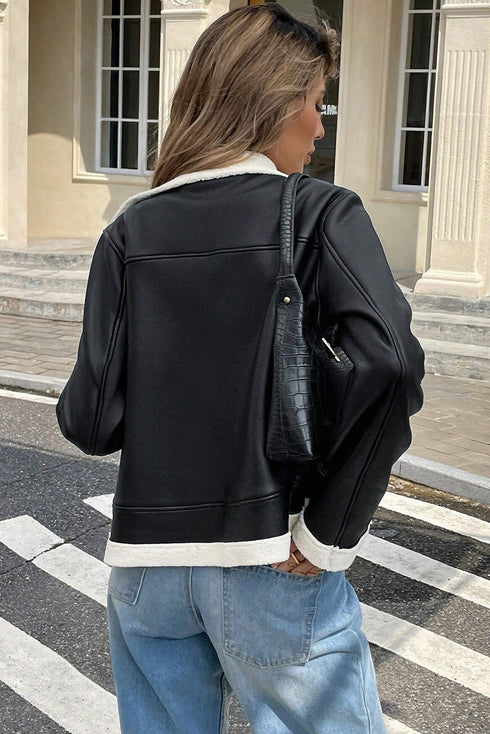 Black Faux Fur Contrast Trim Leather Jacket