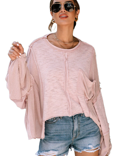 pink-exposed-seam-chest-pocket-loose-sleeve-oversized-top
