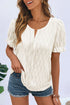 White Solid Color Textured Notched Neck Puff Sleeve Blouse