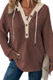 Coffee Waffle Contrast Half Buttoned Hooded Pullover Top