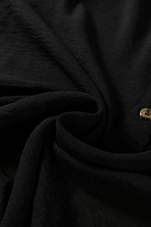 Black Contrast Leopard Print Patchwork Polo Collar Buttons Front Ruffled Long Sleeve Blouse