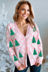 Pink Checkered Christmas Tree Pattern Button V Neck Cardigan Sweater