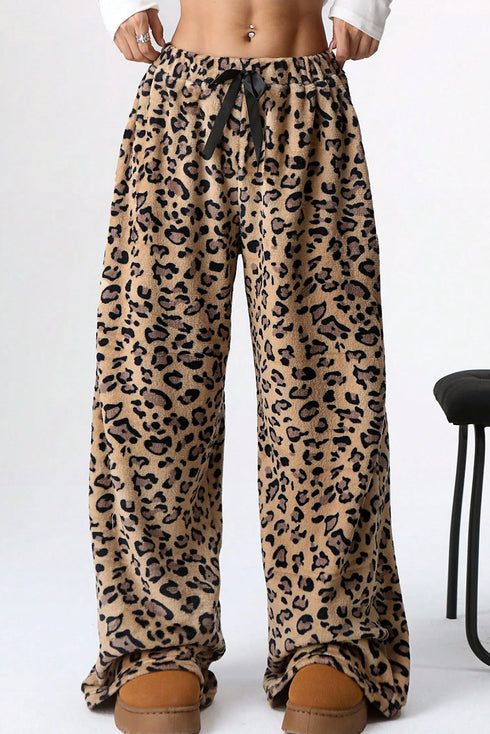 Brown Contrast Ribbon Bow Decor Leopard Print Plush Wide Leg Pants