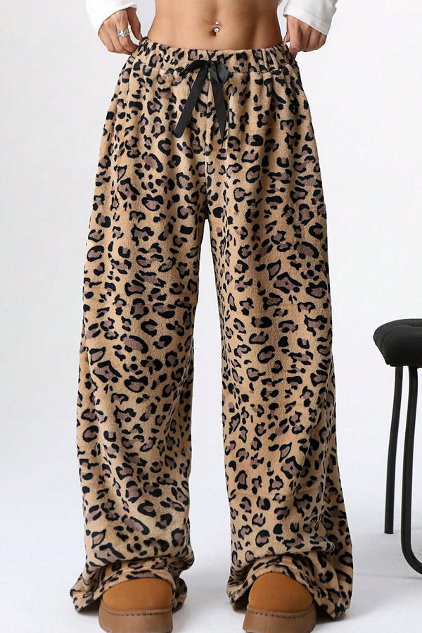 Brown Contrast Ribbon Bow Decor Leopard Print Plush Wide Leg Pants