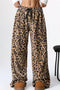 Brown Contrast Ribbon Bow Decor Leopard Print Plush Wide Leg Pants