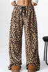 Brown Contrast Ribbon Bow Decor Leopard Print Plush Wide Leg Pants