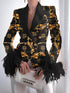 Fashion Print Button Long Sleeve Feather Blazer