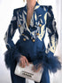 Fashion Print Button Long Sleeve Feather Blazer