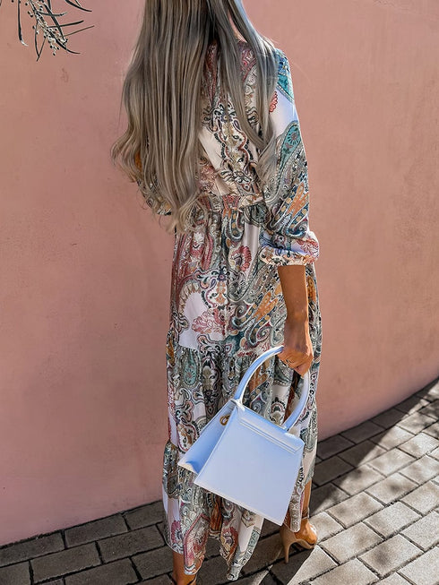 Fashion Print V Neck Long Sleeve Midi Dress