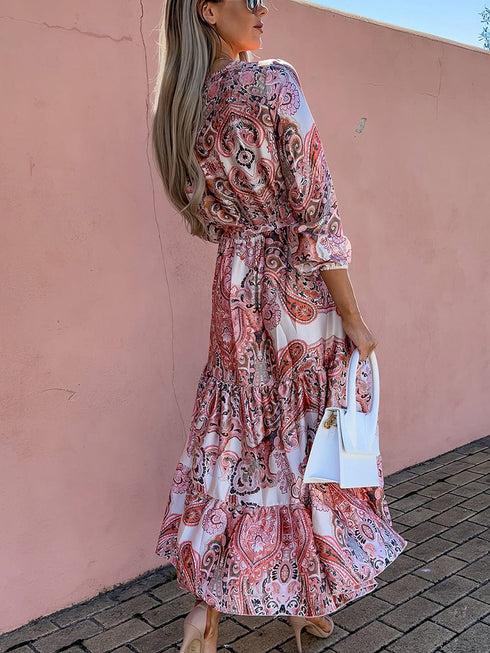 Fashion Print V Neck Long Sleeve Midi Dress