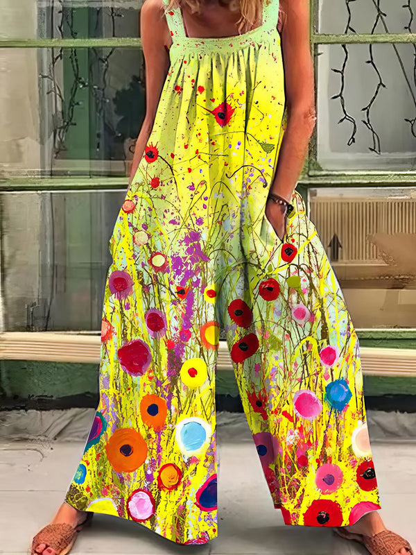 Fashion Printed Loose Strap Wide-Leg Jumpsuits