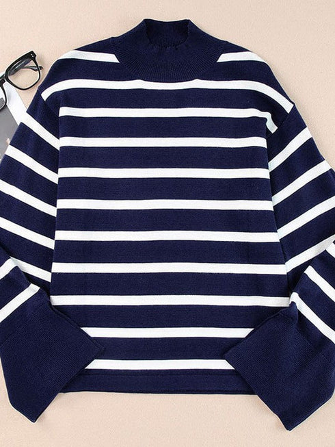 Fashionable Turtleneck Sweater with Bell Sleeves and Striped Cuffs