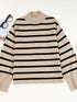 Fashionable Turtleneck Sweater with Bell Sleeves and Striped Cuffs