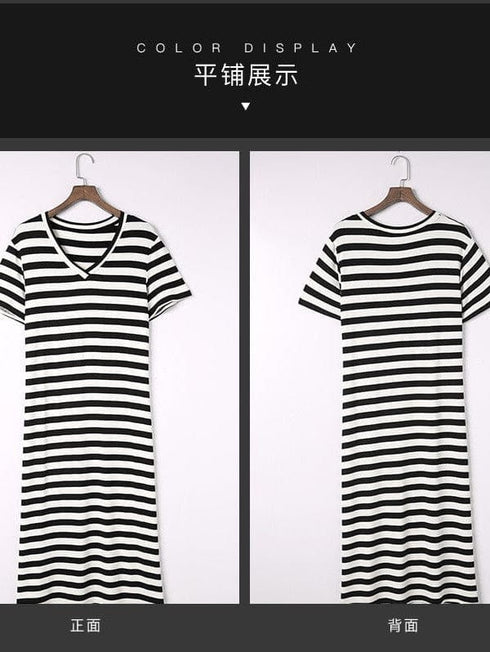 Fashionable V-Neck Striped Short Sleeve Dress with Side Slit