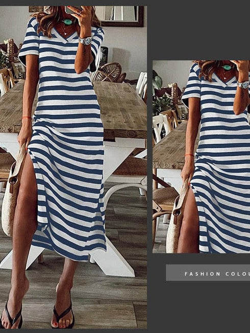 Fashionable V-Neck Striped Short Sleeve Dress with Side Slit