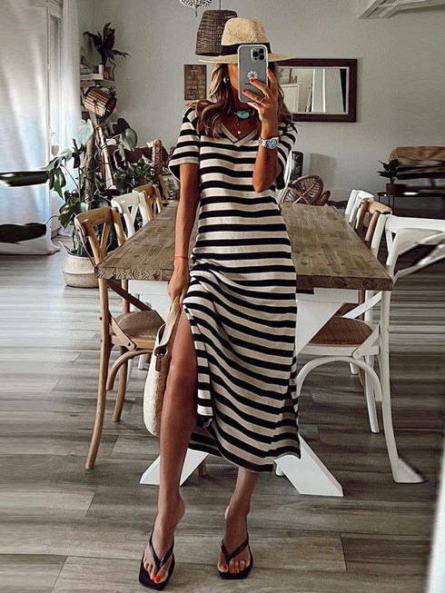 Fashionable V-Neck Striped Short Sleeve Dress with Side Slit