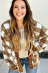 Brown Checkered Sherpa Loose Knit Cardigan with Pockets