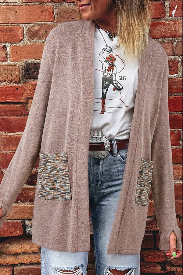 Dark Khaki Open Front Knit Contrast Patched Pocket Duster Cardigan
